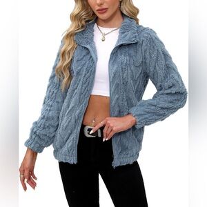 Dokotoo blue super soft fuzzy fleece zip up jacket